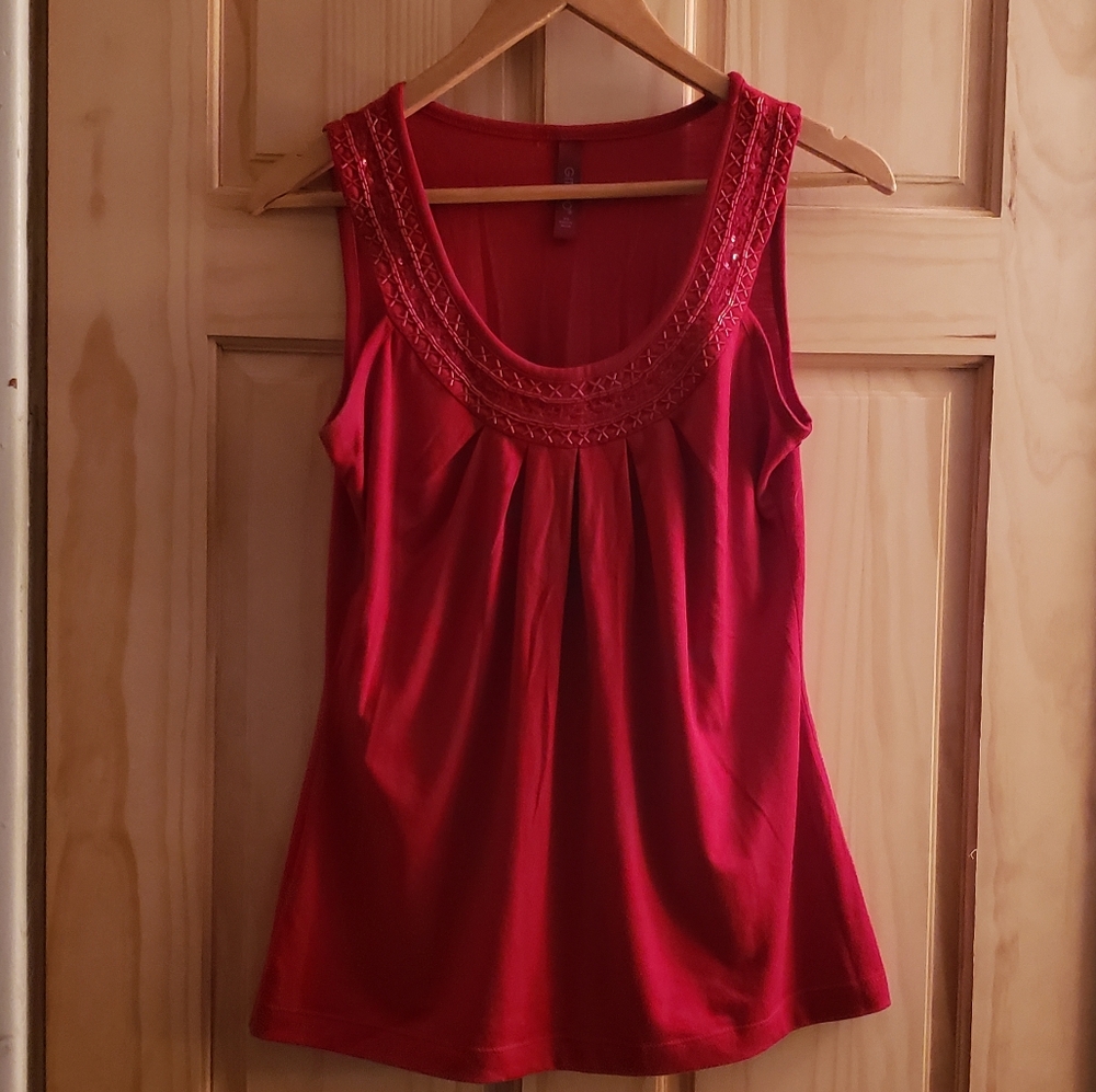 Gitano Stretch Scoop Neck Beaded Sleeveless Blouse Tank Top Red